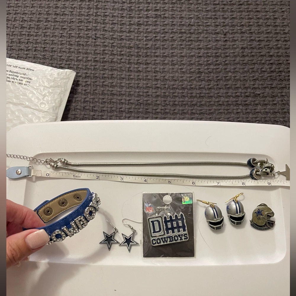 NFL Cowboys Star & Helmet Earrings & Necklace plus Pin Set - Blue and Silver